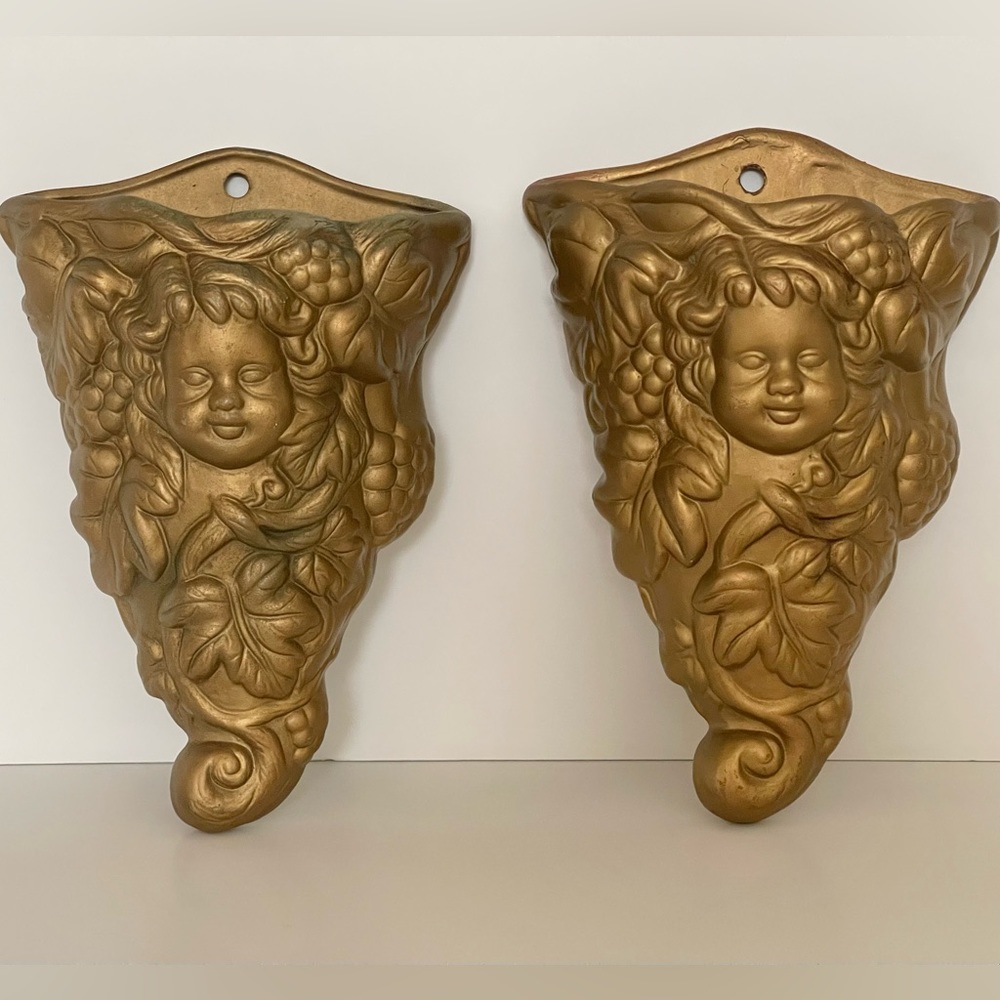 Pair Gold Wall Pocket Sconces Cherubs